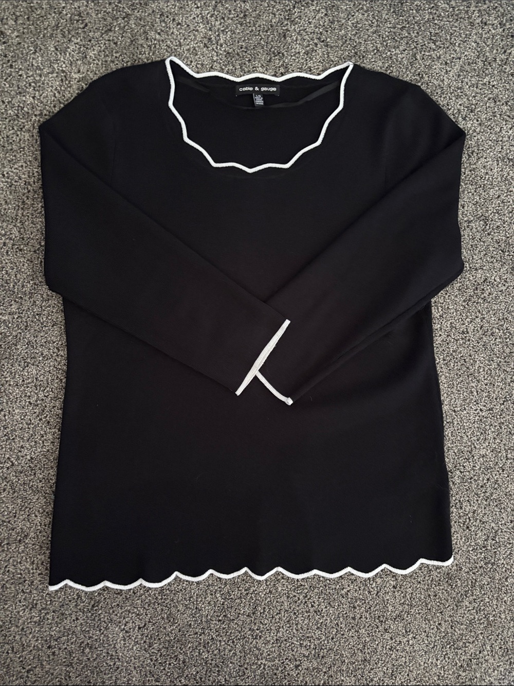 Cable & Gauge Black Sweater with White Scalloped Trim